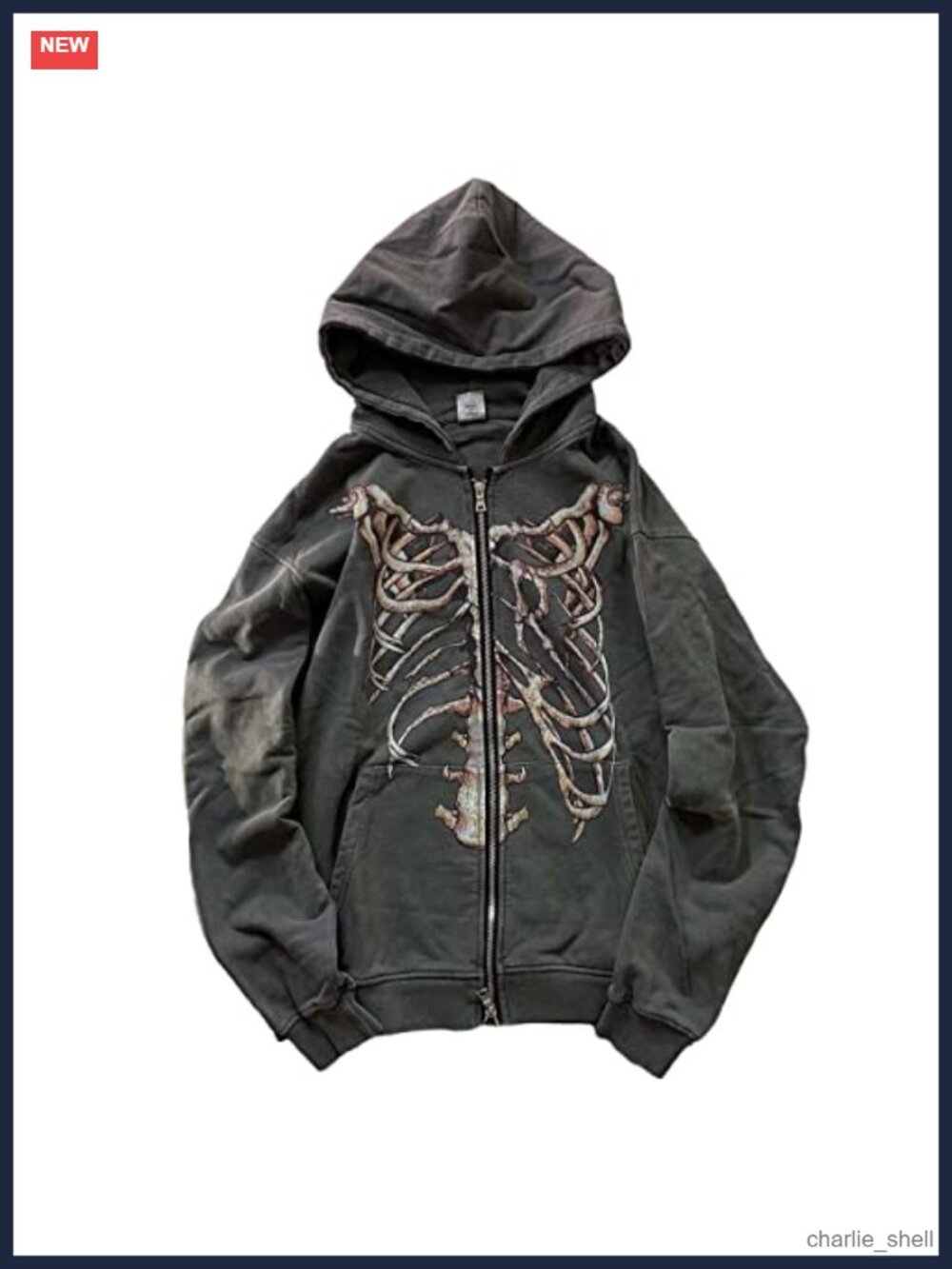 Gothic Hooded Sweater Bone Print Zip-Up Grunge Y2K Cardigan Polyester Cotton